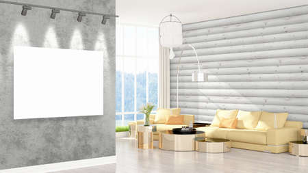 Modern interior with empty frame . 3D rendering