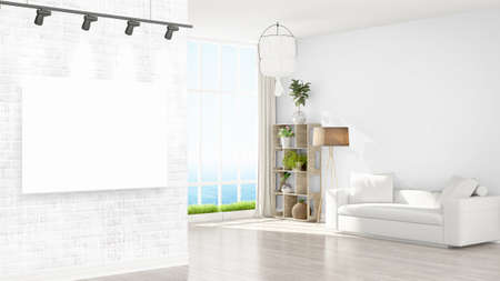 Modern interior with empty frame . 3D renderingの写真素材