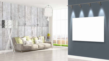 Beautiful living room interior with mock up poster frame. 3D renderingの写真素材