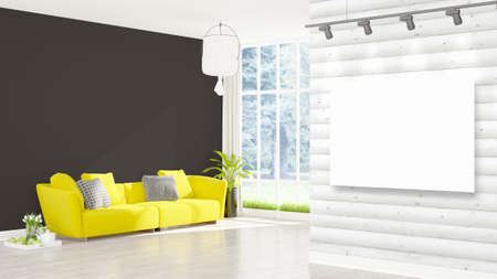 Beautiful living room interior with mock up poster frame. 3D rendering