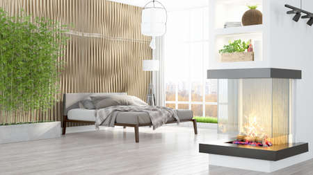 Beautiful modern living room interior with fireplace. 3D renderingの写真素材