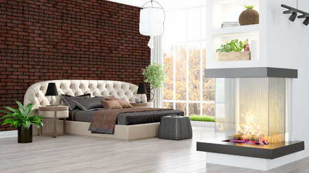 Beautiful modern living room interior with fireplace. 3D rendering