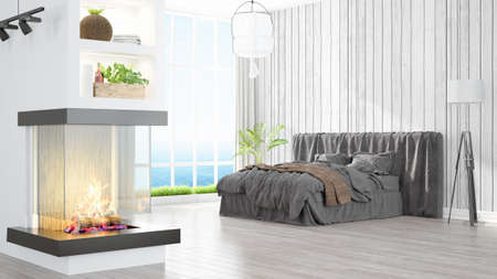 Beautiful modern living room interior with fireplace. 3D renderingの写真素材