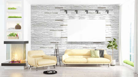 Modern interior with empty frame . 3D rendering