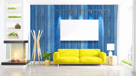 Modern interior with empty frame . 3D renderingの写真素材
