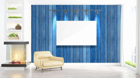 Modern interior with empty frame . 3D renderingの写真素材