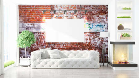 Modern interior with empty frame . 3D rendering