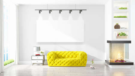 Modern interior with empty frame . 3D renderingの写真素材