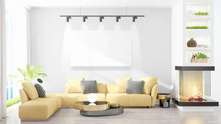 Modern interior with empty frame . 3D rendering