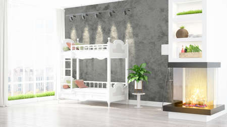 Beautiful modern children's room interior with fireplace. 3D renderingの写真素材