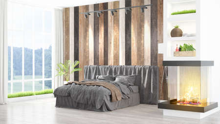 Beautiful modern bedroom interior with fireplace. 3D renderingの写真素材