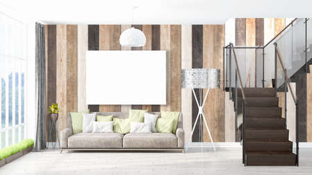 Modern bright interior with empty frame . 3D rendering