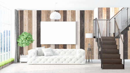 Modern bright interior with empty frame . 3D renderingの写真素材