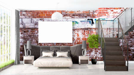 Beautiful living room interior with mock up poster frame. 3D renderingの写真素材