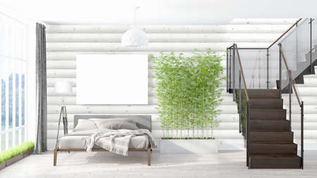 Beautiful living room interior with mock up poster frame. 3D renderingの写真素材