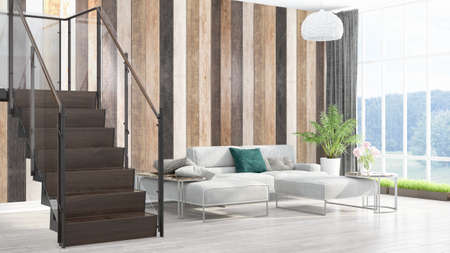Beautiful modern living room interior with stairway. 3D rendering