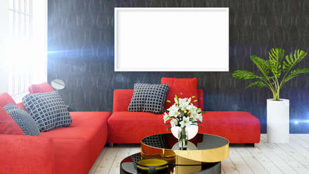 Modern bright interior with empty frame . 3D renderingの写真素材