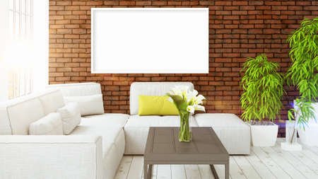 Modern bright interior with empty frame . 3D rendering
