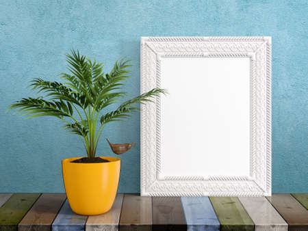 Mock up blank photo frame on the table. 3d renderingの写真素材