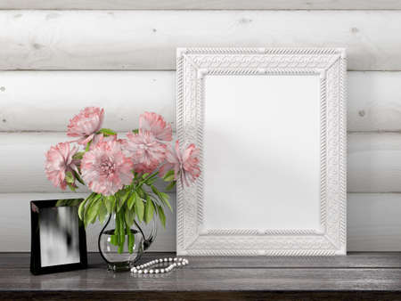 Mock up blank photo frame on the table. 3d rendering