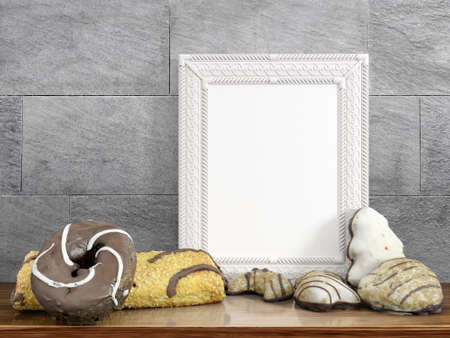 Mock up blank photo frame on the table. 3d renderingの写真素材