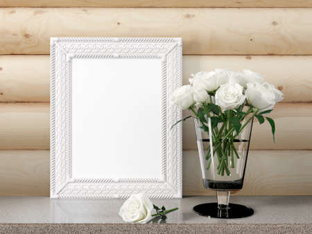 Mock up blank photo frame on the table. 3d rendering
