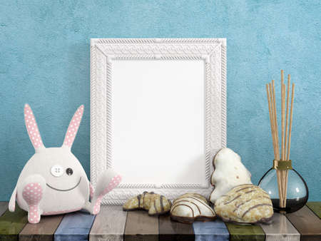 Mock up blank photo frame on the table. 3d renderingの写真素材