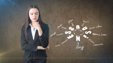 Beauty girl in a suit standing near wall with a business idea sketch drawn on it. Concept of a successful businesswoman.の写真素材