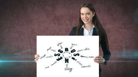 Beauty girl in a suit standing near wall with a business idea sketch drawn on it. Concept of a...