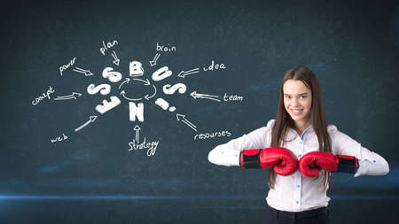 Beauty girl in a suit standing near wall with a business idea sketch drawn on it. Concept of a successful businesswoman.の写真素材