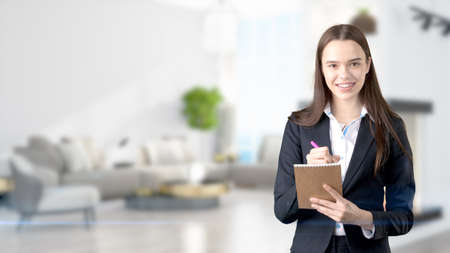 Young Business woman over interior backgroundの写真素材