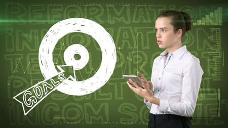 Beauty businesswoman on painted background with marketing words. Advertising, investment and business plan conceptの写真素材