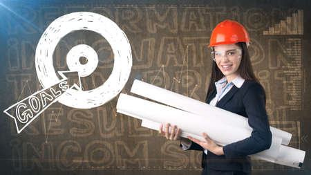 Beauty businesswoman on painted background with marketing words. Advertising, investment and...
