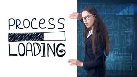 Beauty businesswoman on painted background with marketing words. Advertising, investment and...