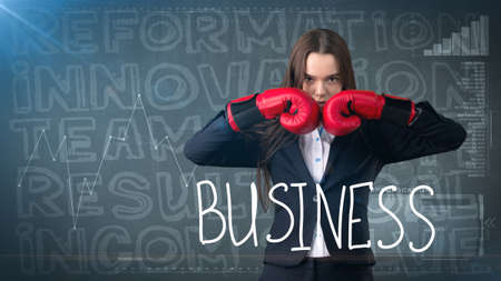 Beauty businesswoman on painted background with marketing words. Advertising, investment and...