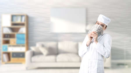 Beautiful medical woman doctor in uniform. Studio painted background. Concept of profitable health...