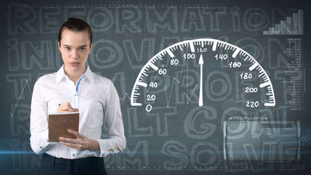 Beauty businesswoman on painted background with marketing words. Advertising, investment and business plan conceptの写真素材