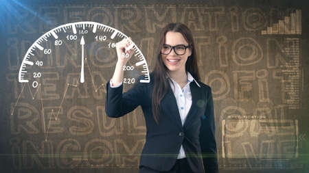 Beauty businesswoman on painted background with marketing words. Advertising, investment and business plan conceptの写真素材