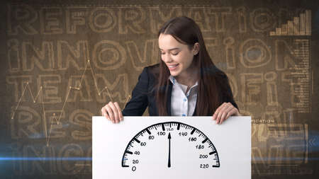 Beauty businesswoman on painted background with marketing words. Advertising, investment and business plan conceptの写真素材