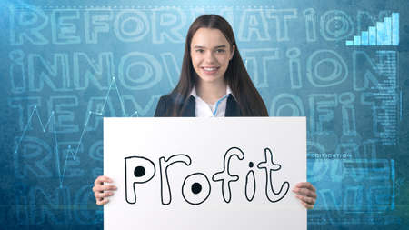 Beauty businesswoman on painted background with marketing words. Advertising, investment and business plan conceptの写真素材