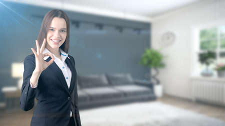 Young beautiful business woman and creative designer standing over blured interior backgroundの写真素材