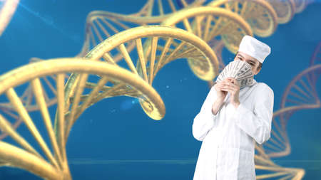 Beautiful medical woman doctor in uniform. Studio painted background. Concept of profitable health care.の写真素材