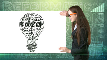 Beauty businesswoman on painted background with marketing words. Advertising, investment and business plan conceptの写真素材