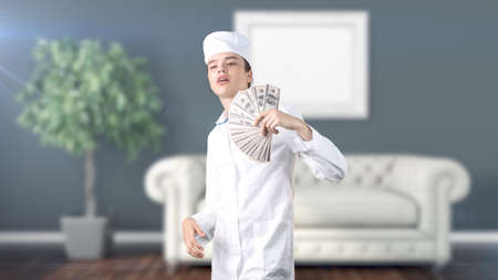 Beautiful medical woman doctor in uniform. Studio painted background. Concept of profitable health care.の写真素材