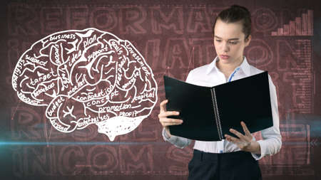 Beauty businesswoman on painted background with marketing words. Advertising, investment and...