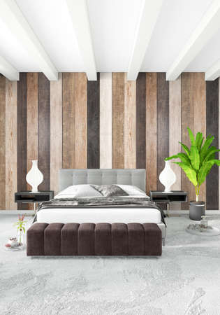 White bedroom minimal style Interior design with wood wall and grey sofa. 3D Rendering. 3D illustrationの写真素材