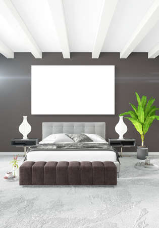 Vertical Bedroom Minimal or Loft style Interior Design. 3D Rendering. Concept idea.