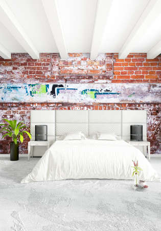 White bedroom minimal style Interior design with wood wall and grey sofa. 3D Rendering. 3D illustrationの写真素材