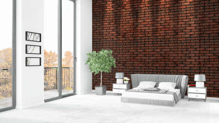 Brand new white loft bedroom minimal style interior design with copyspace wall and view out of window. 3D Rendering.の写真素材