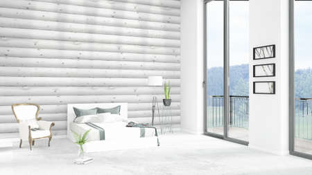 Brand new white loft bedroom minimal style interior design with copyspace wall and view out of...